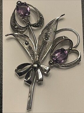 Large vintage Sorrento Sterling Filigree Double Heart Flowers & Amethyst Brooch